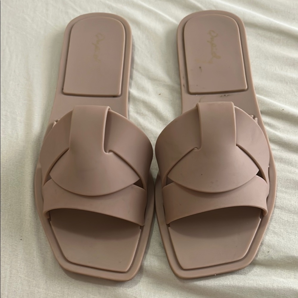 Qupid Tan Slide Sandals Modern Minimalist Design
